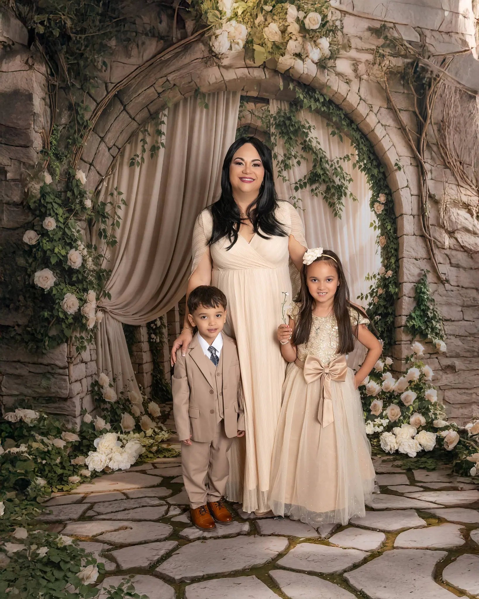Kate Spring Stone Archway White Roses Cascading Stairs Printed Backdrop Designed by Emetselch