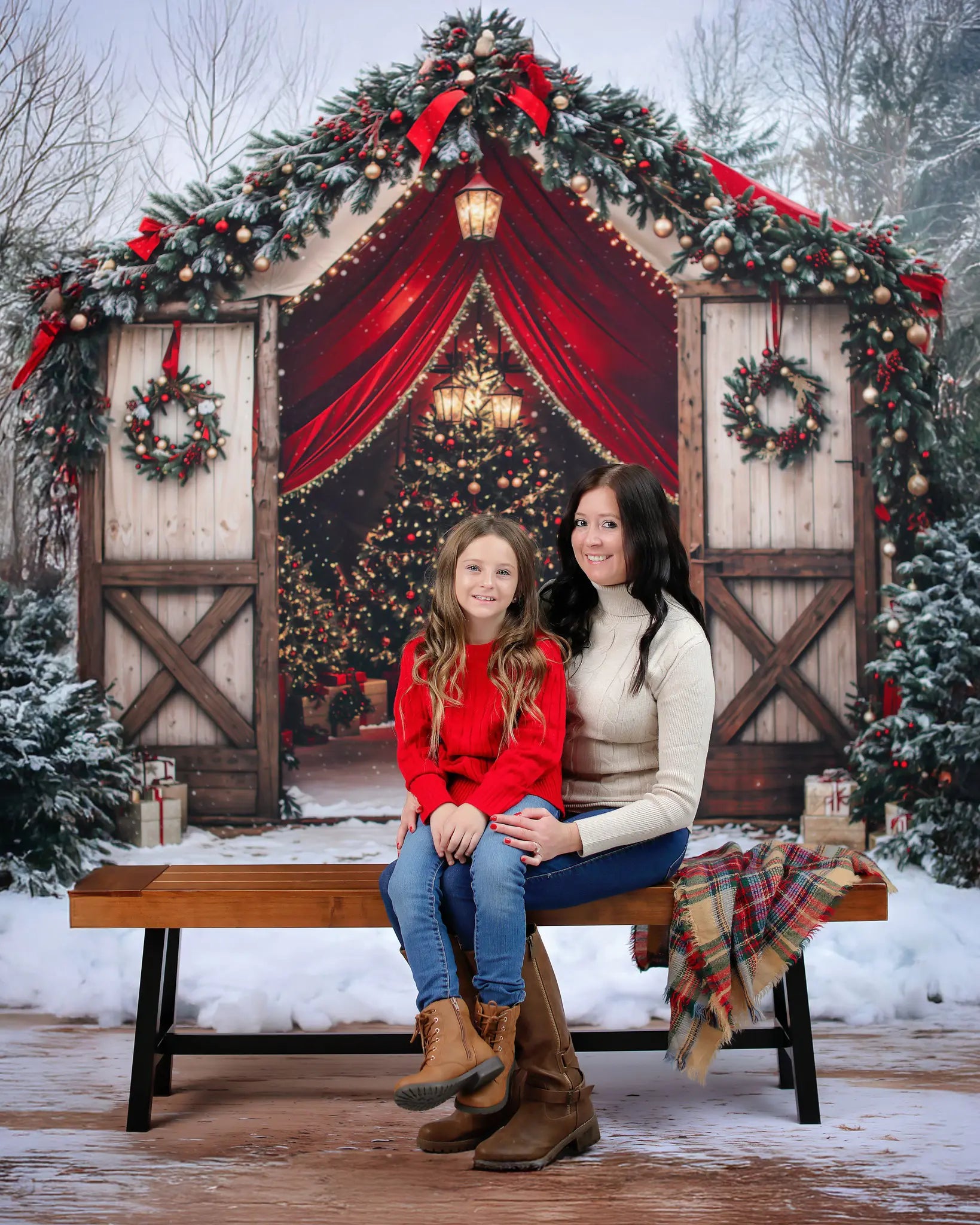 Kate Christmas Tree Barn Bow Snow Forest Backdrop Designed by Emetselch