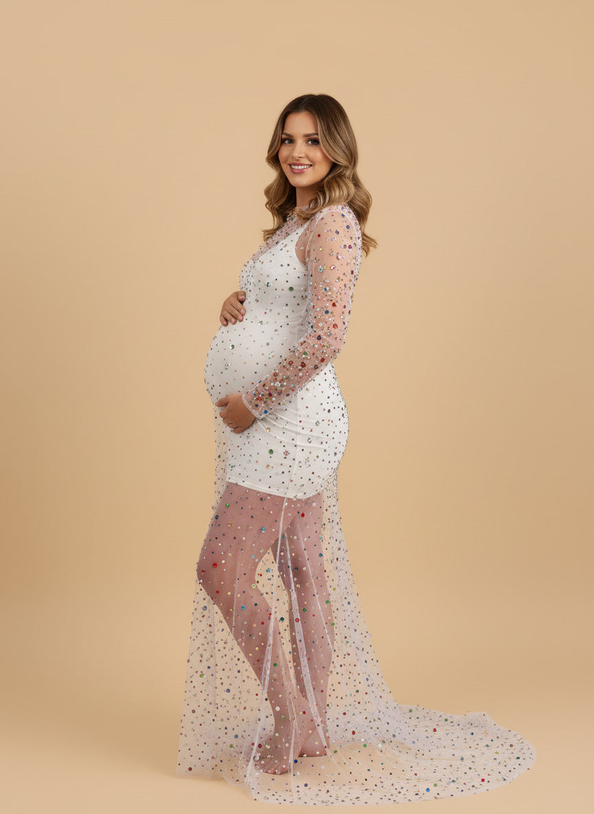 Bead Geborduurde Mesh Halve Mouw Staart Maternity Photoshoot Jurk
