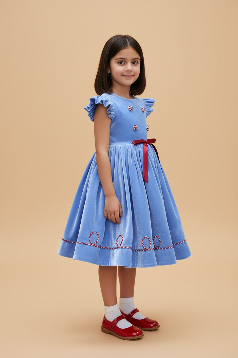 Kate Christmas Blue Fly Sleeve Kids Dress for Photography