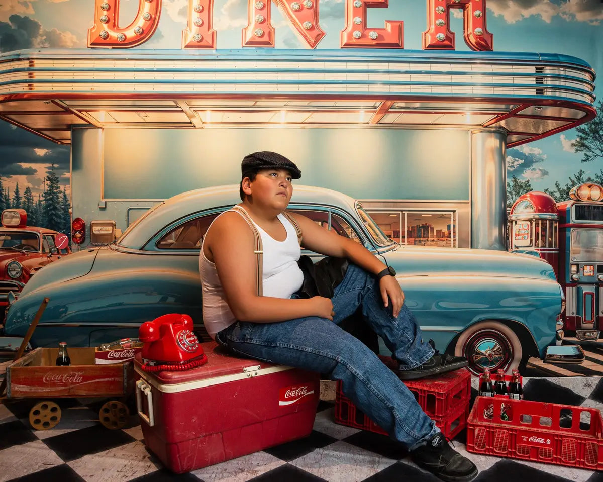Retro Diner Vintage Car Blue Backdrop+Rusty Backdrop Black Dirty White Grid Floor Backdrop
