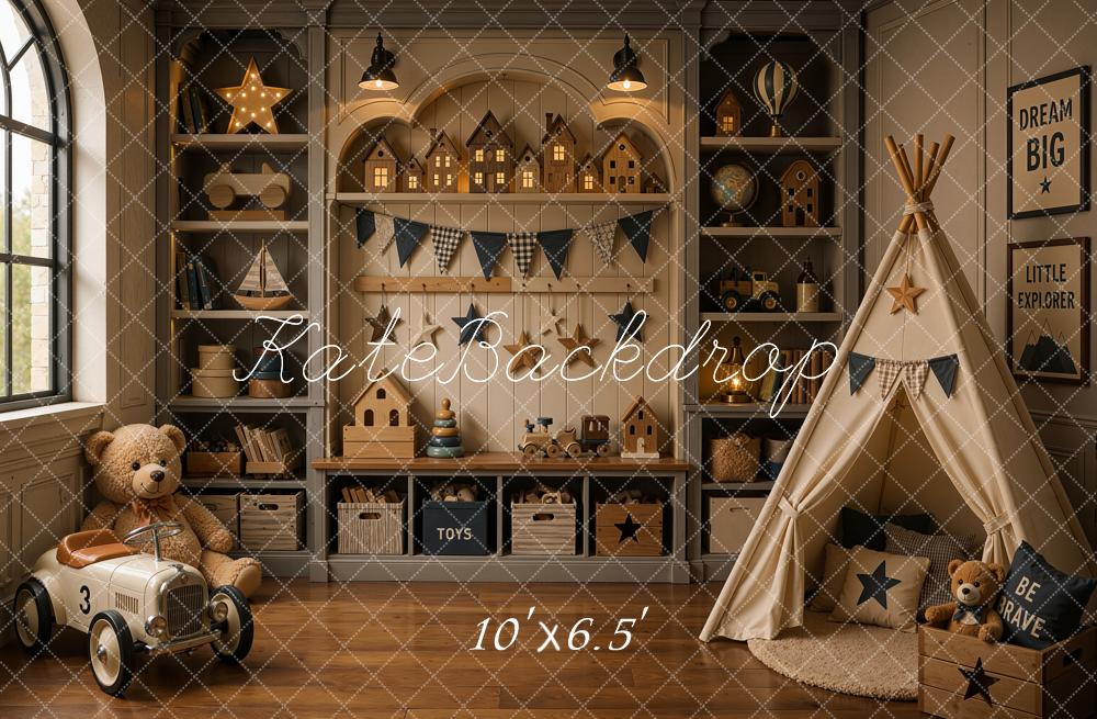 Kate Dreamy Brown Nursery Teepee Toy Room Printed Backdrop Designed by Shutter Swan Studios