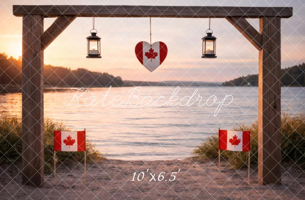 Kate Canada Flags Wooden Arch Lake Sunset Printed Backdrop Designed by Vertigo Productions