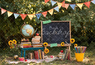 Kate Back To School Blackboard Books Globe Garden Sunflowers Printed Backdrop Designed by Emetselch