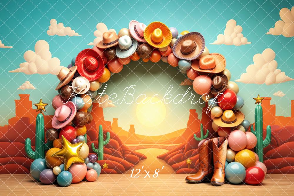 Kate Western Cowboy Hat Balloon Arch Desert Boots Printed Backdrop Designed by Laura Bybee