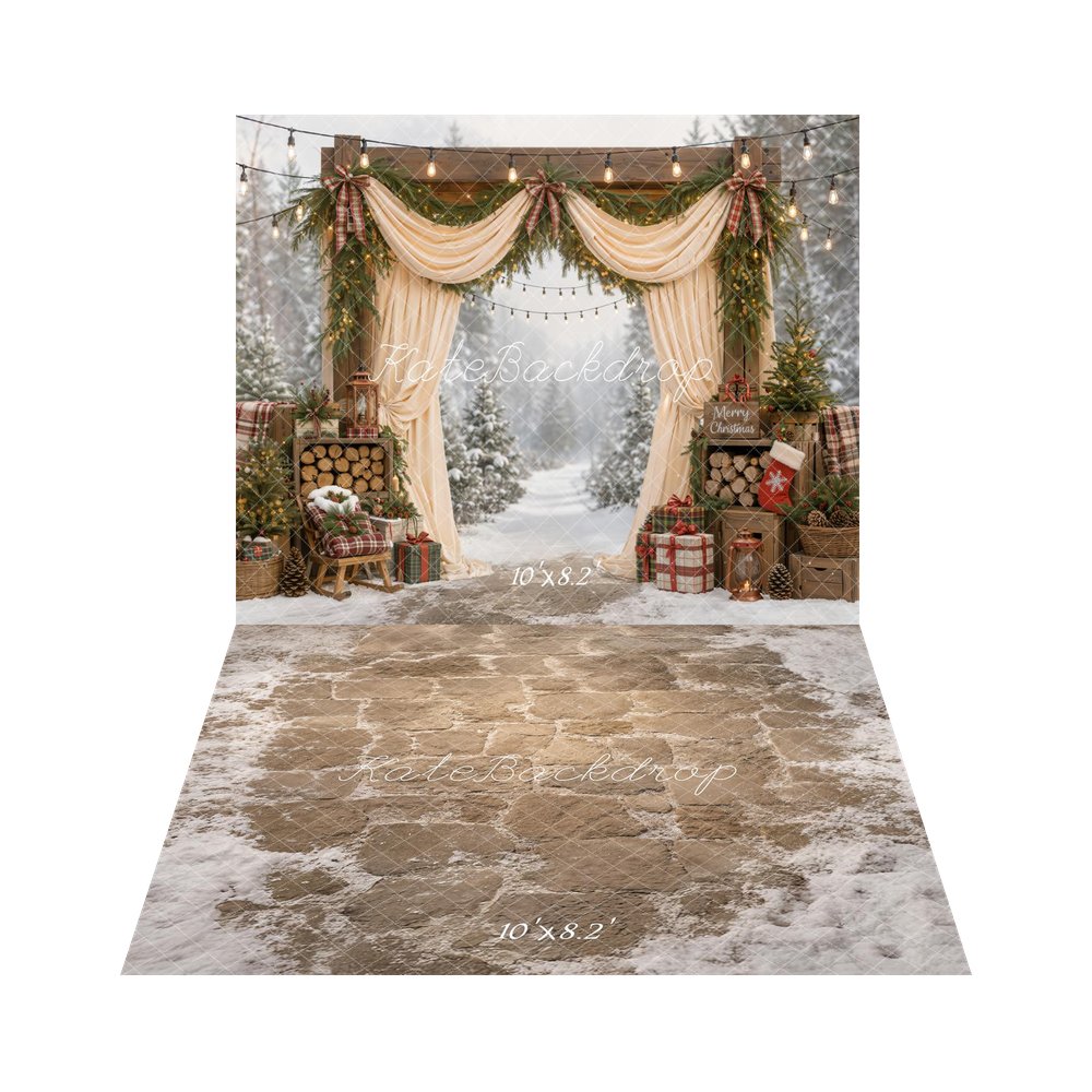 Kate Christmas Outdoor Arch Plaid Gifts Pine Trees Drapes Printed Backdrop+Cobblestone Floor Snow Printed Backdrop