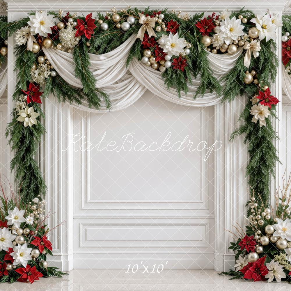 Kate Christmas Floral Garland Draped Panel Wall Printed Backdrop Designed by Mini MakeBelieve