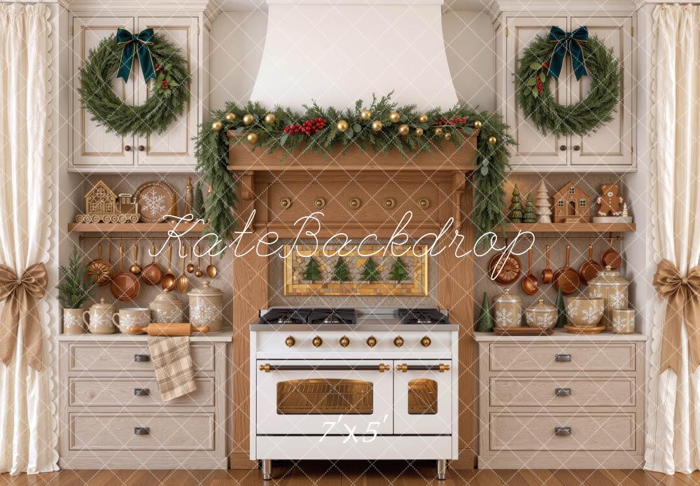 Kate Christmas Kitchen Cabinet Rustic Stove Garland Wreath Printed Backdrop Designed by Mini MakeBelieve