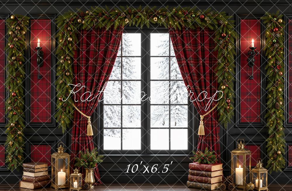 Kate Christmas Red Plaid Curtains Window Books Garland Printed Backdrop Designed by Emetselch