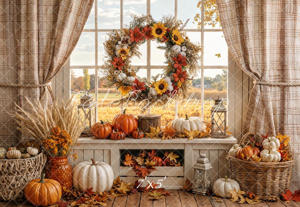 Kate Fall Pumpkin Wreath Window Sunflowers Printed Backdrop Designed by Emetselch