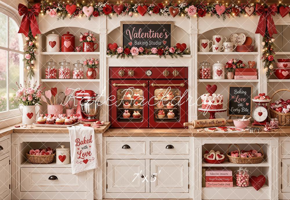 Kate Valentine's Day Kitchen Cabinet Baking Red Oven Roses Printed Backdrop Designed by Emetselch