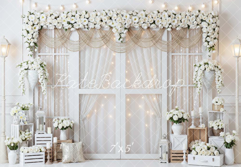 Kate Spring White Rose Flower Arch Lanterns Crates Backdrop Designed by Mini MakeBelieve