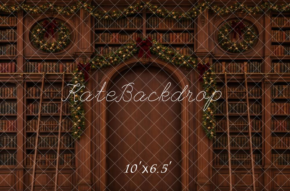 Kate Christmas Library Bookshelves Garland Printed Backdrop Designed by Vertigo Productions