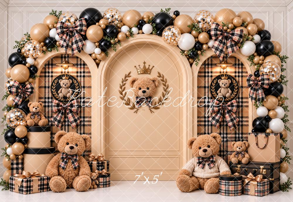 Kate Cake Smash Beige Teddy Bear Plaid Balloon Arch Printed Backdrop Designed by Ashley Paul