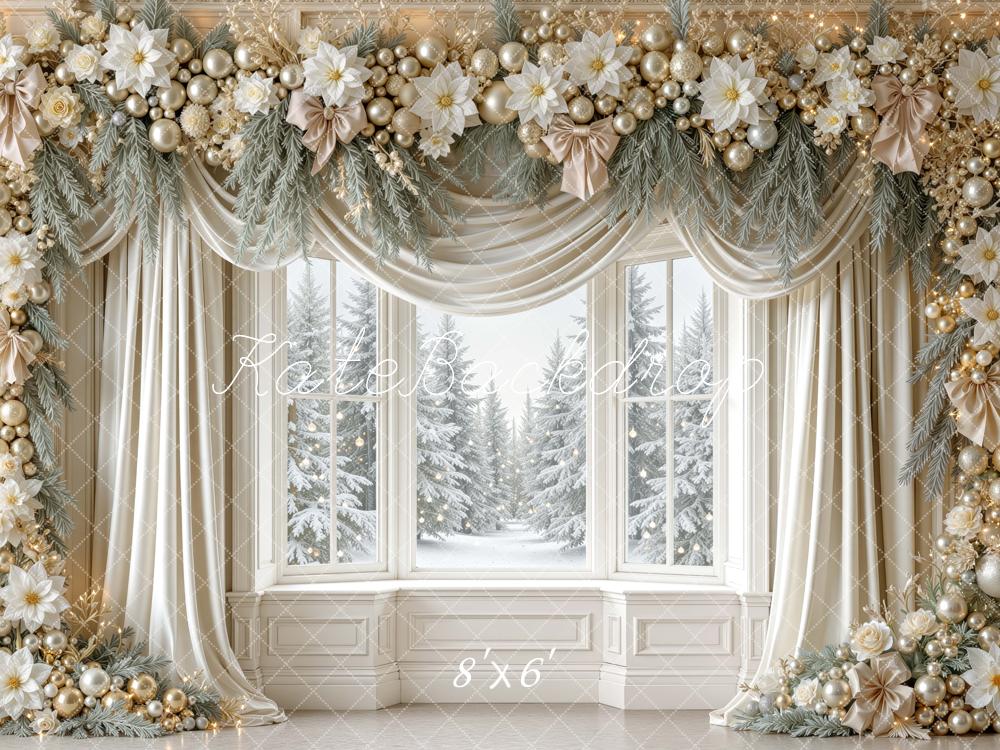 Kate Christmas Gold Floral Garland Drapes Window Snowy Printed Backdrop Designed by Mini MakeBelieve