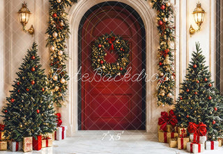 Kate Christmas Tree Red Door Arch Printed Backdrop Designed by Emetselch