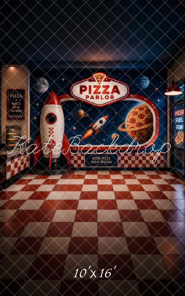 Kate Sweep Space Pizza Parlor Rocket Retro Diner Checkered Floor Printed Backdrop Designed by Megan Leigh Photography