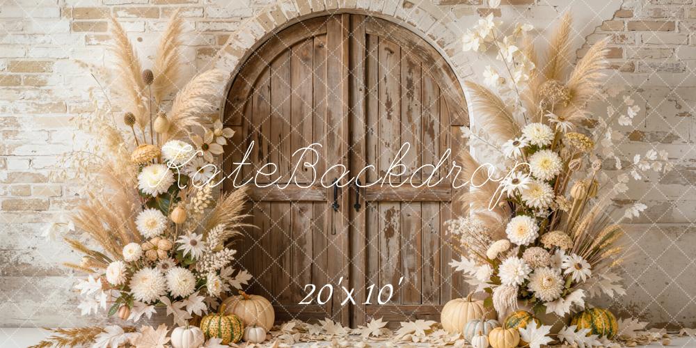 Kate Fall Arched Wooden Door Pumpkin Flower Pampas Grass Printed Backdrop Designed by Emetselch
