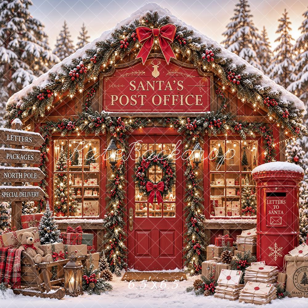 Kate Christmas Santa Post Office Mailbox Letters Snowy Printed Backdrop Designed by Emetselch