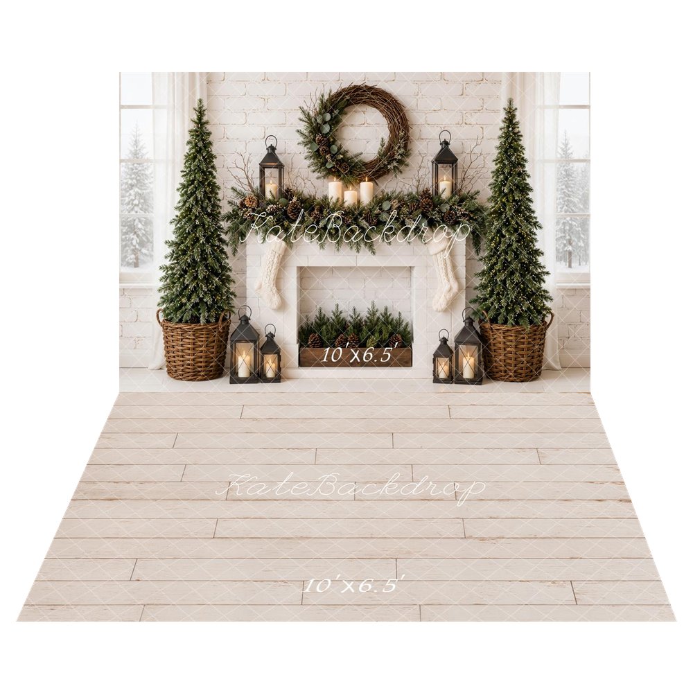 Kate Christmas Fireplace Minimalist Pine Trees Wreath Stockings Lanterns Printed Backdrop+White Retro Wall Planks Printed Backdrop