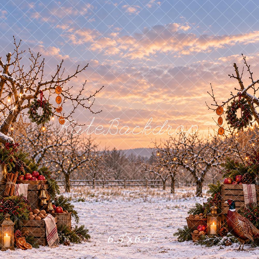 Kate Christmas Snowy Apples Orchard Wreaths Printed Backdrop Designed by Vertigo Productions
