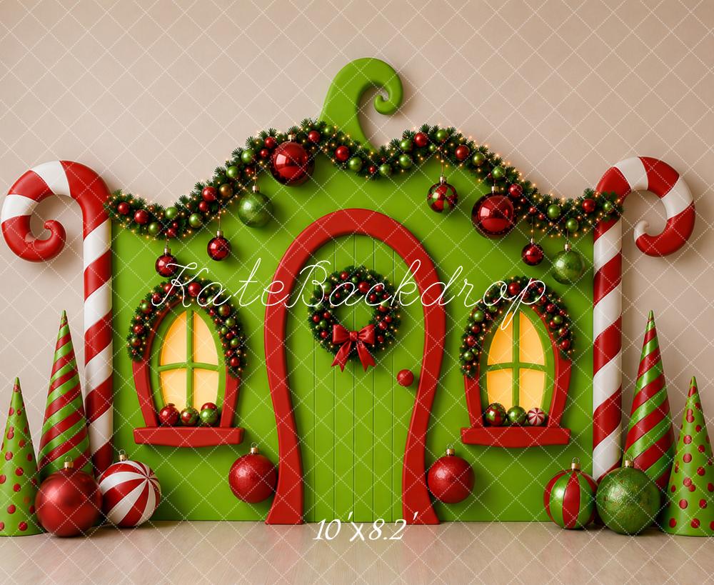 Kate Christmas Whimsical Green Elf House Candy Cane Printed Backdrop Designed by Caitlin Lynch