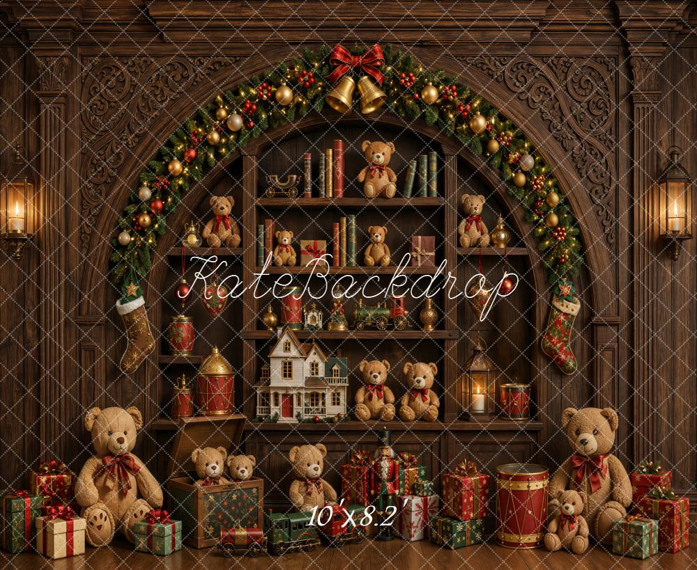 Kate Christmas Toys Room Teddy Bears Arch Bookshelf Gifts Printed Backdrop Designed by Emetselch