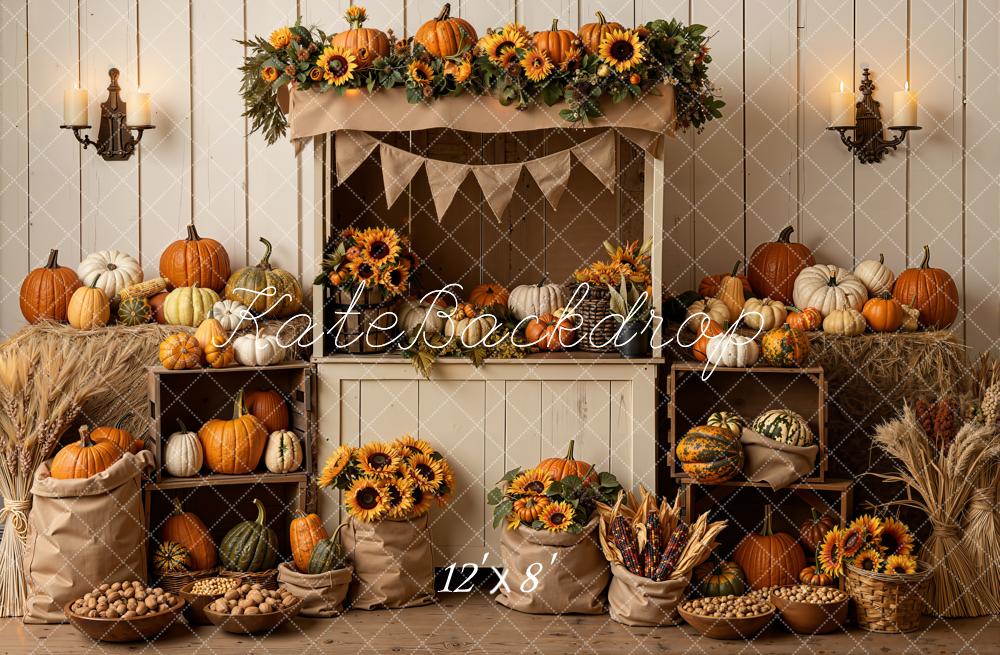 Kate Fall Pumpkin Sunflower Market Stand Printed Backdrop Designed by Emetselch