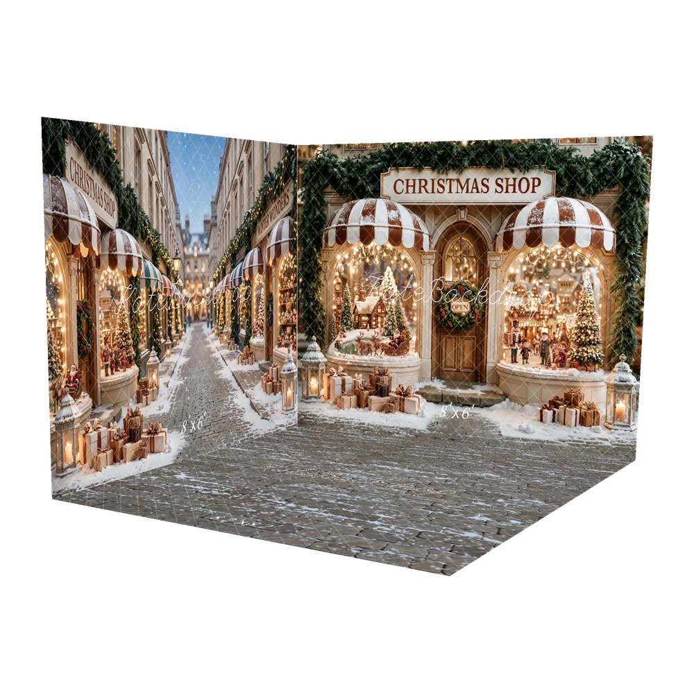 Kate Christmas Shop Santa Sleigh Village Christmas Tree Snow Printed Backdrop Room Set