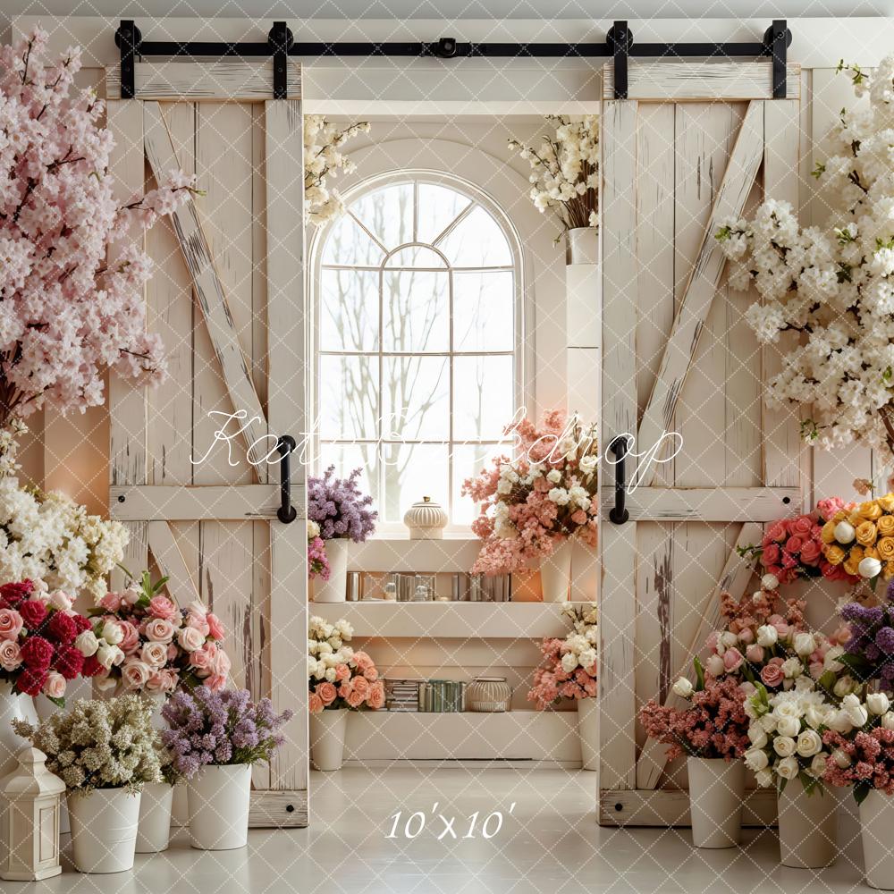Kate Spring Barn Door Flower Arch Window Blossoms Backdrop Designed by Mini MakeBelieve