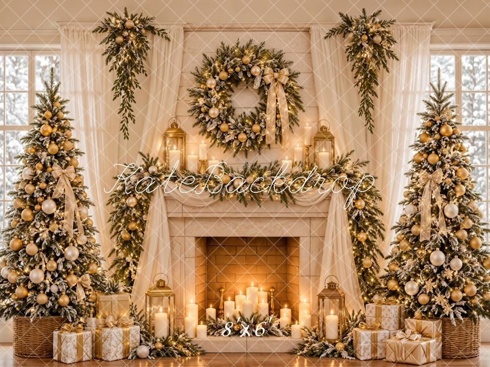 Kate Christmas Fireplace  Christmas Trees Wreath Gold Ornaments Window Printed Backdrop Designed by Emetselch