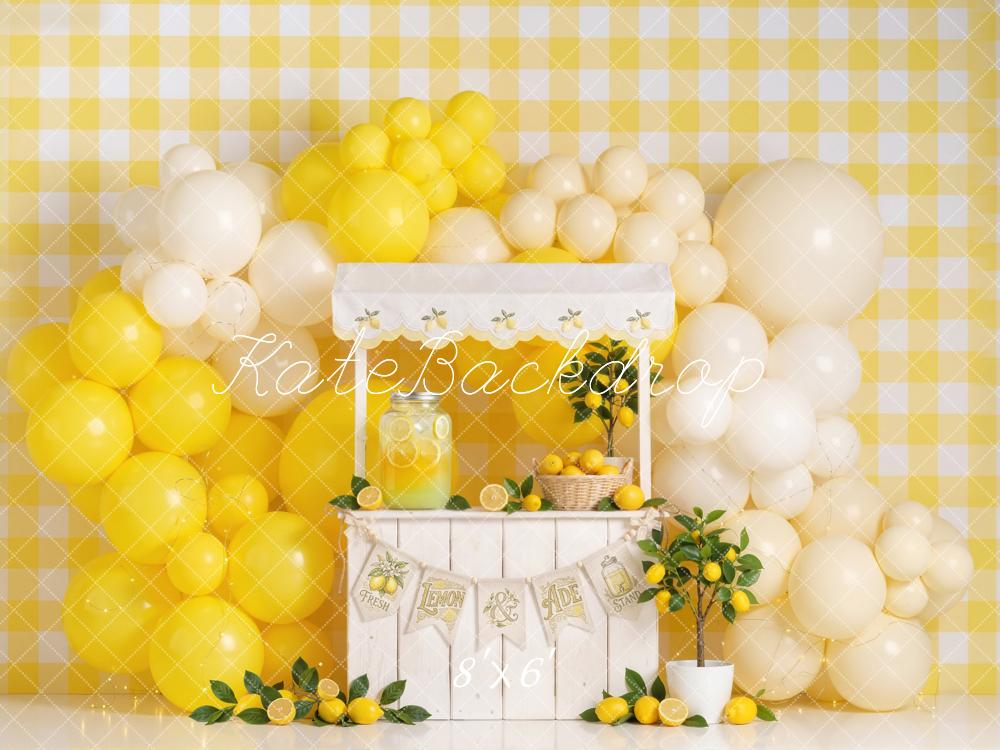 Kate Lemonade Stand Yellow Balloons Gingham Lemon Decor Printed Backdrop Designed by Emetselch
