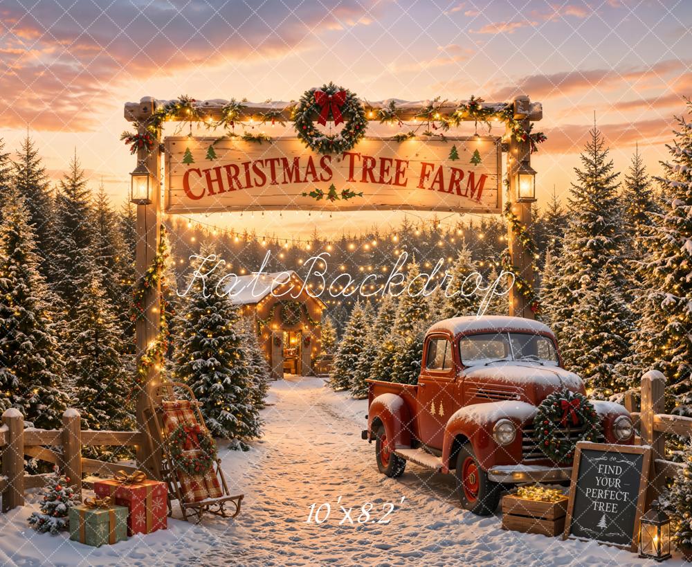 TEST Kate Christmas Tree Farm Red Truck Snowy Pine Trees Printed Backdrop Designed by Emetselch