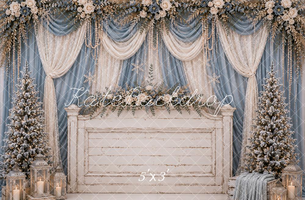 Kate Christmas Headboard Blue Drapes Snowy Christmas Trees Floral Printed Backdrop Designed by Ashley Paul