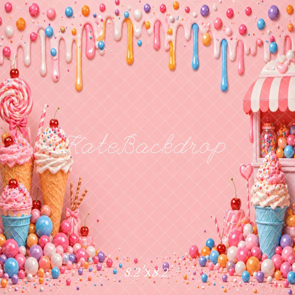 Kate Summer Pink Ice Cream Candy Lollipop Drips Printed Backdrop Designed by Vertigo Productions