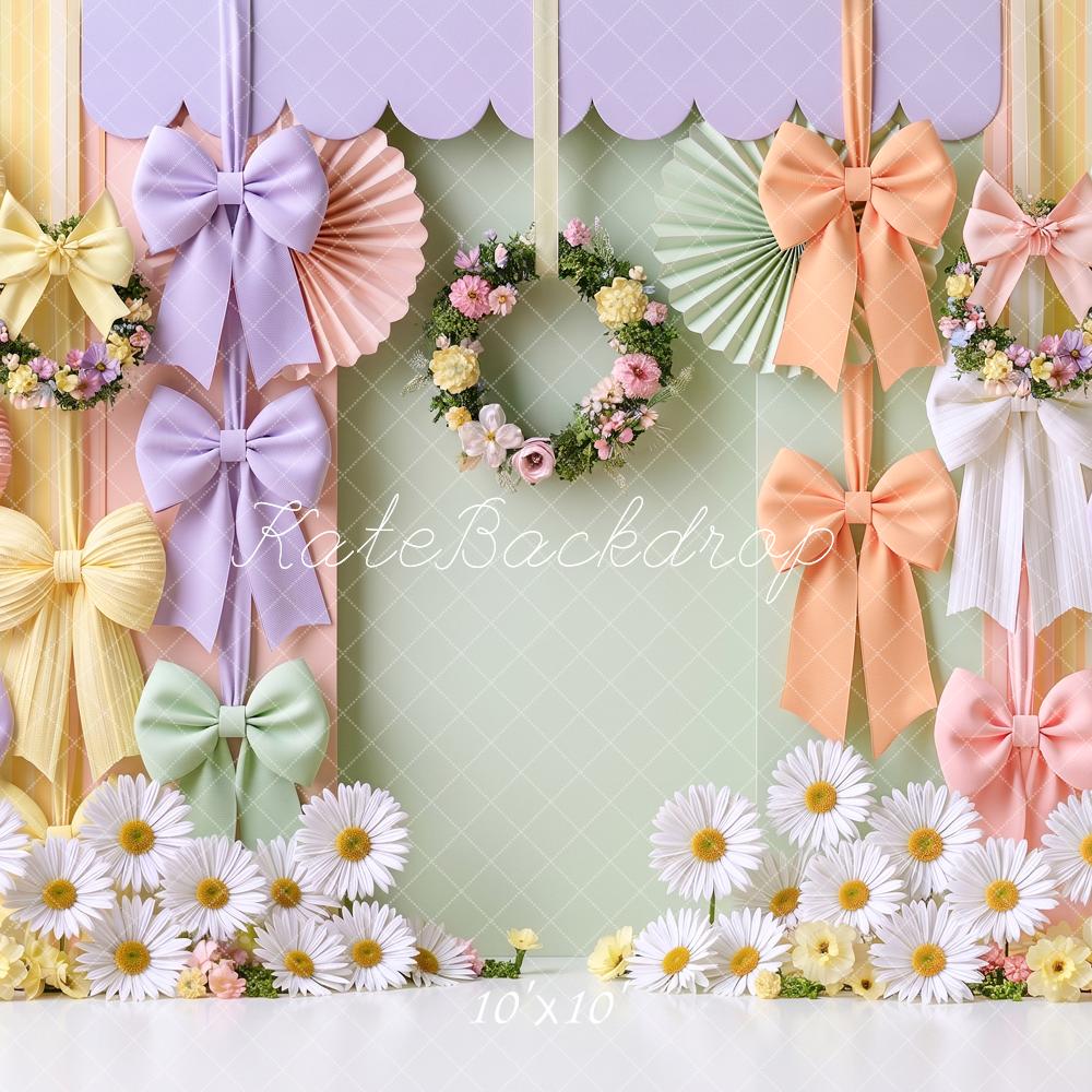 Kate Spring Pastel Bow Ribbons Floral Wreath Printed Backdrop Designed by Angela Miller