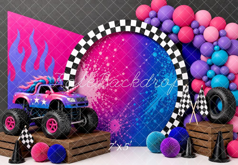 Kate Birthday Truck Racing Checkered Flags Balloons Printed Backdrop Designed by Shutter Swan Studios