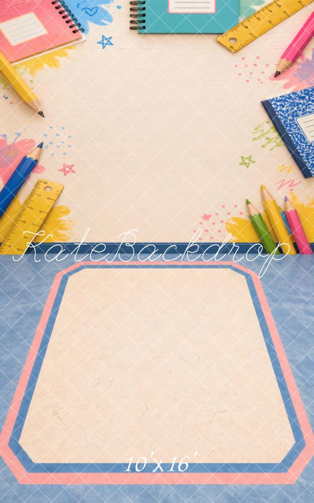 Kate Sweep Back To School Notebooks Pencils Rulers Printed Backdrop Designed by Vertigo Productions