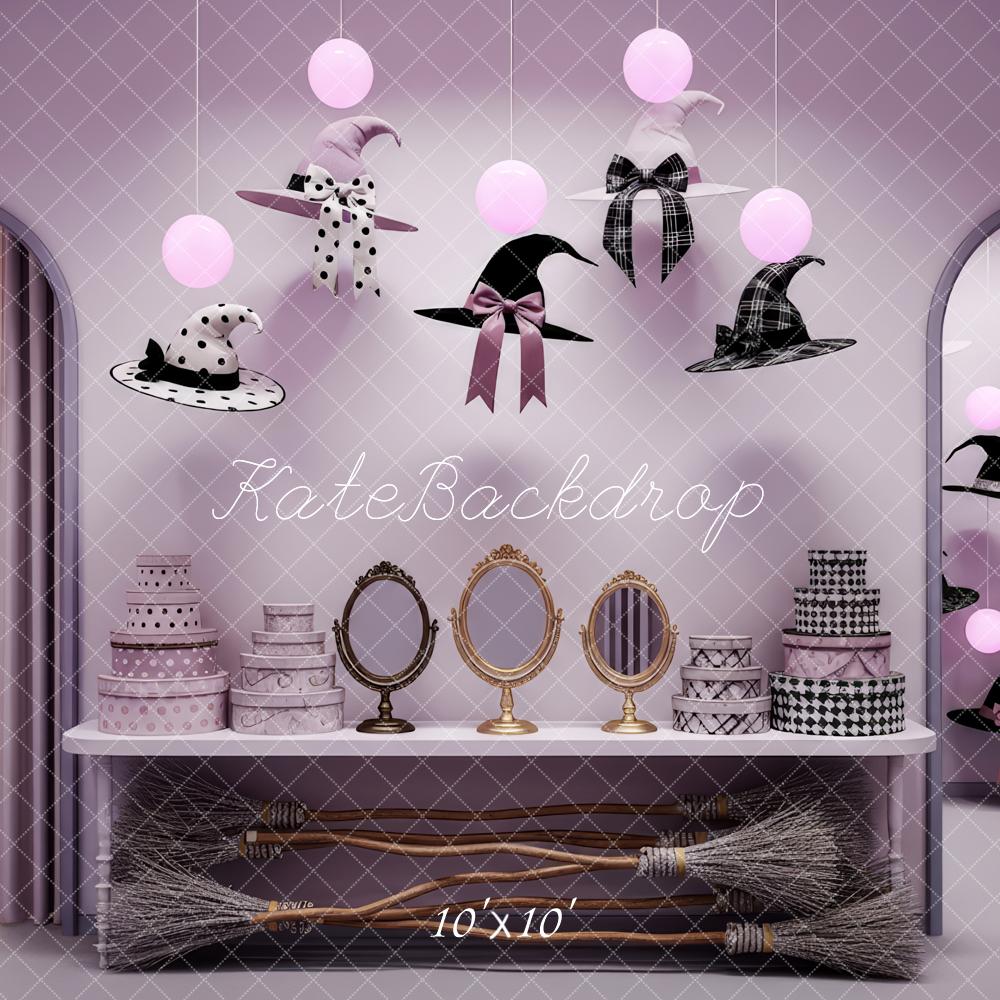 Kate Halloween Witch Hat Vanity Brooms Purple Backdrop Designed by Patty Roberts