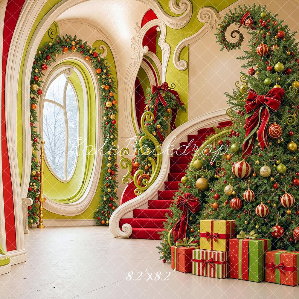 Kate Christmas Cascading Stairs Elf Hallway Tree Printed Backdrop Designed by Shutter Swan Studios