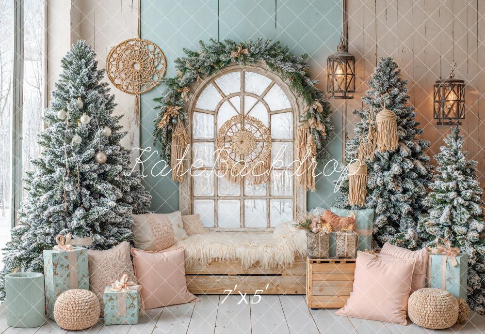 Kate Christmas Boho Arched Window Snowy Trees Pastel Backdrop Designed by Emetselch