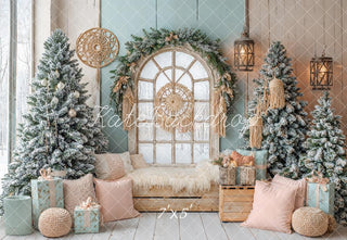 Kate Christmas Boho Arched Window Snowy Trees Pastel Printed Backdrop Designed by Emetselch
