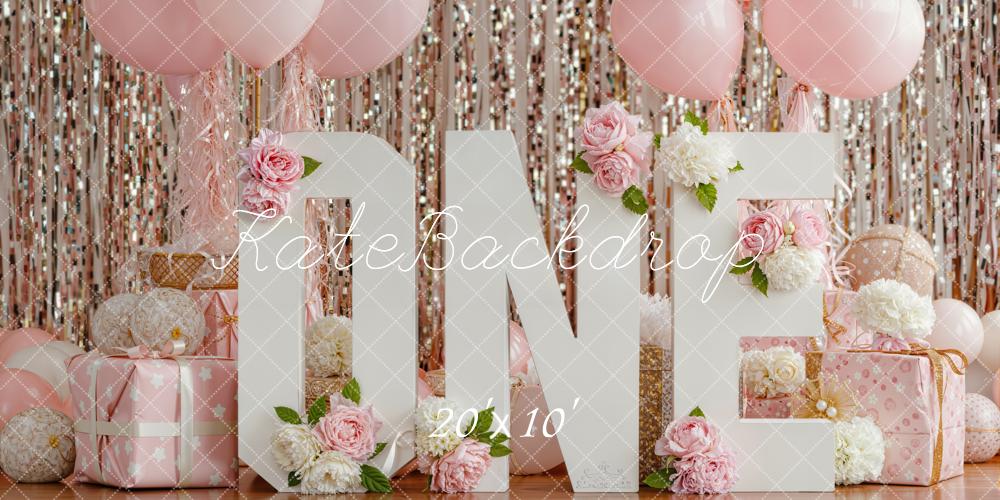 Kate Pink One Cake Smash Balloons Flowers Backdrop Designed by Emetselch