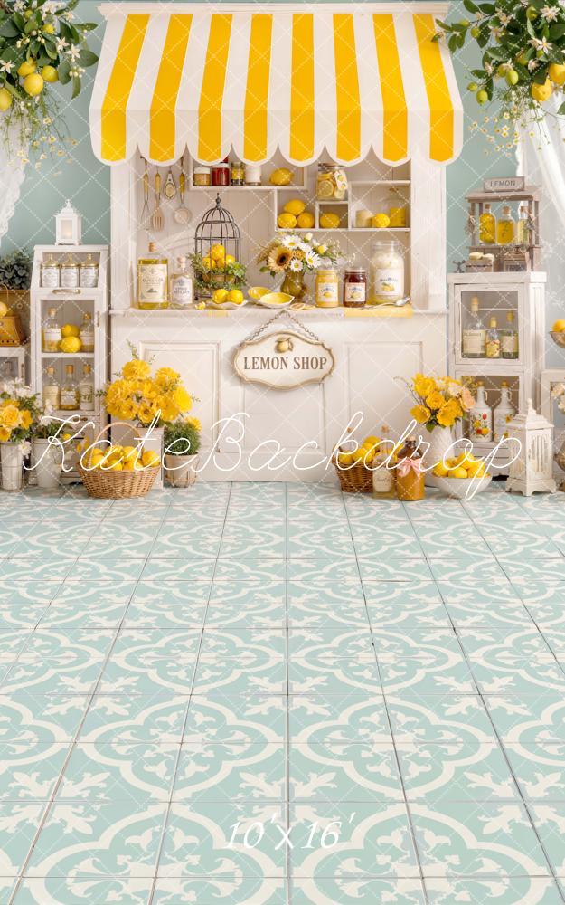 Kate Sweep Summer Lemon Shop Yellow Awning Floral Patterned Floor Printed Backdrop Designed by Emetselch