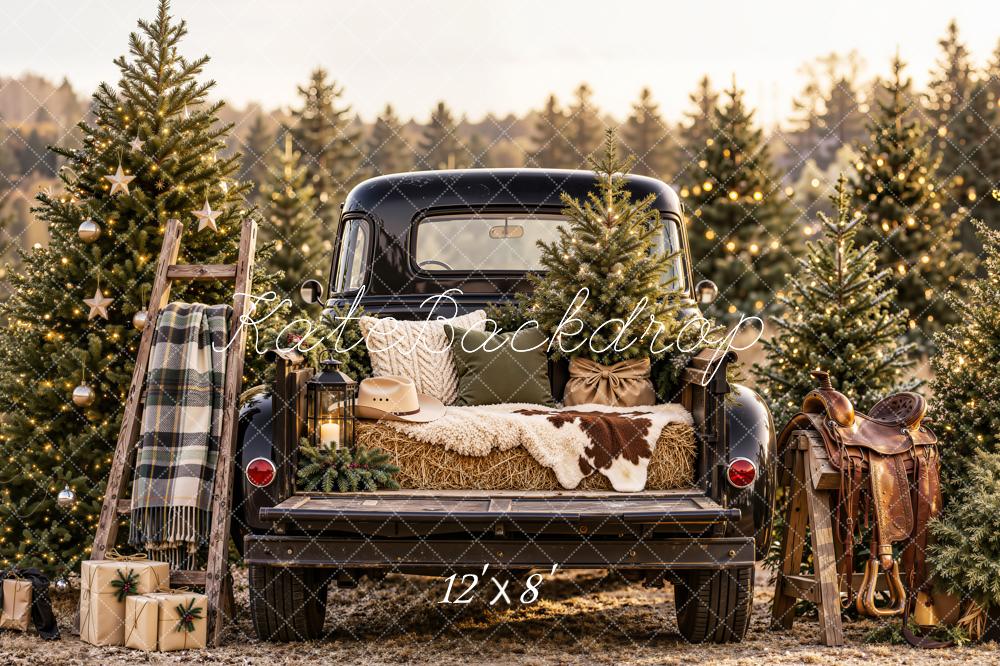 Kate Christmas Vintage Black Truck Pine Trees Ladder Saddle Printed Backdrop Designed by Emetselch