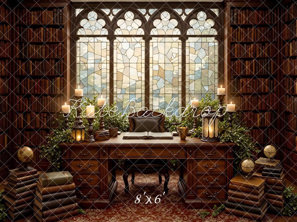 Kate Library Books Stained Glass Desk Globes Backdrop Designed by Mini MakeBelieve