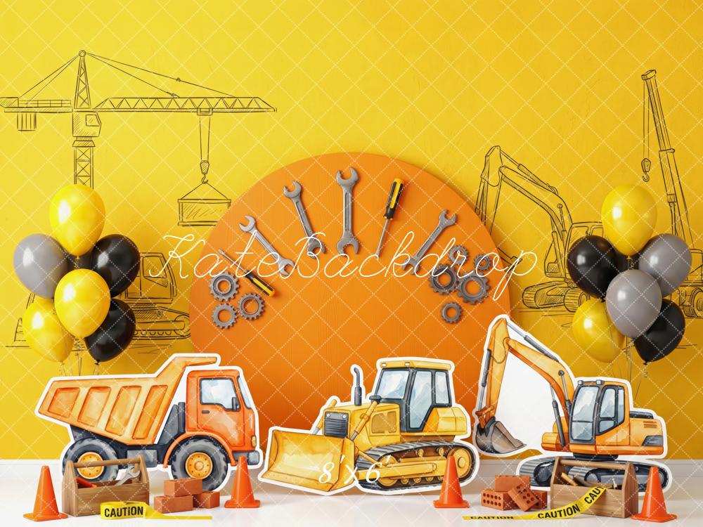 Kate Cake Smash Construction Trucks Tools Balloons Little Builders Printed Backdrop Designed by Patty Roberts