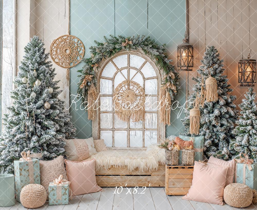 Kate Christmas Boho Arched Window Snowy Trees Pastel Backdrop Designed by Emetselch