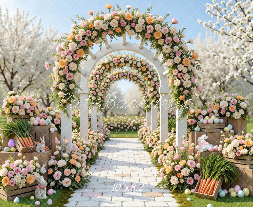 Kate Easter Bunny Flower Arch Pastel Eggs Garden Path Backdrop Designed by Mini MakeBelieve