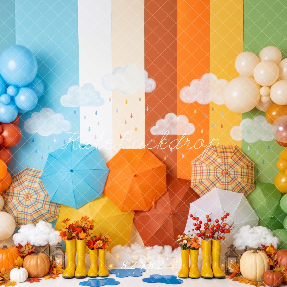 Kate Fall Birthday Rainbow Umbrellas Balloons Pumpkins Printed Backdrop Designed by Patty Roberts